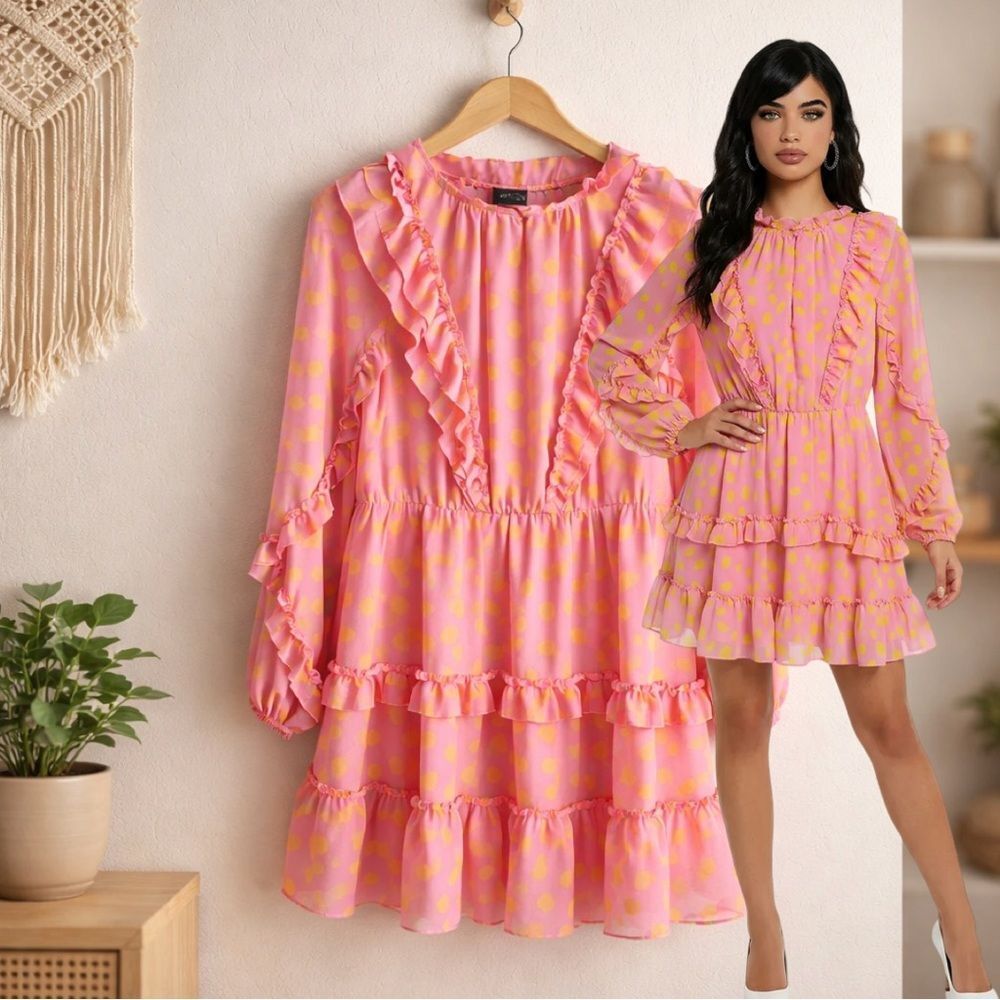 SCOOP pink, yellow polkadot ruffle long sleeve tiered midi Spring Dress SMALL